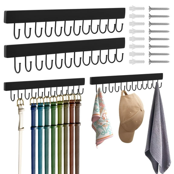 4 Pcs Belt Hanger Wall Mount with 12 Metal Hooks Wood Belt Organizer Wall Mounted Tie Hanger Multipurpose Tie Rack with Screws for Bedroom