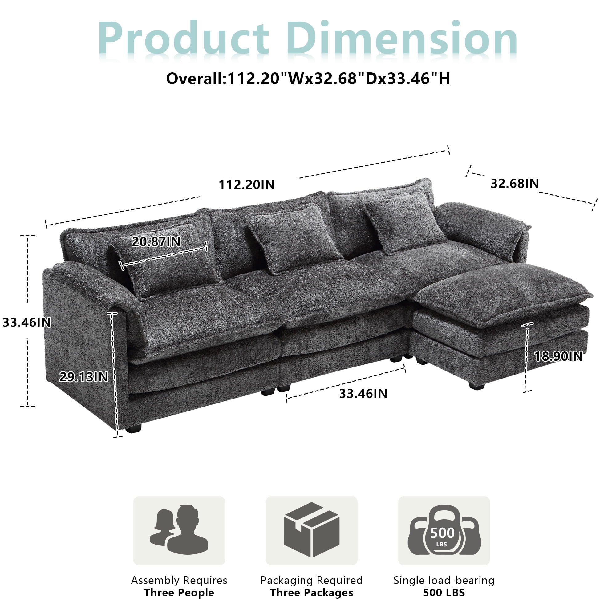 MOONMISS Chenille Upholstered L-Shape Comfy Oversized Modular Sectional Sleeper Sofa with Moveable Ottoman-Gray