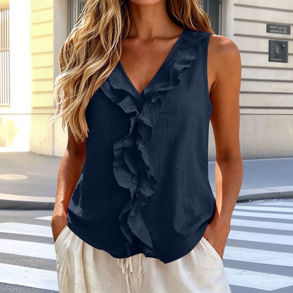 DailyTrove Women V Neck Ruffle Front Soft Sleeveless Tank Top Daily Casual Camisole