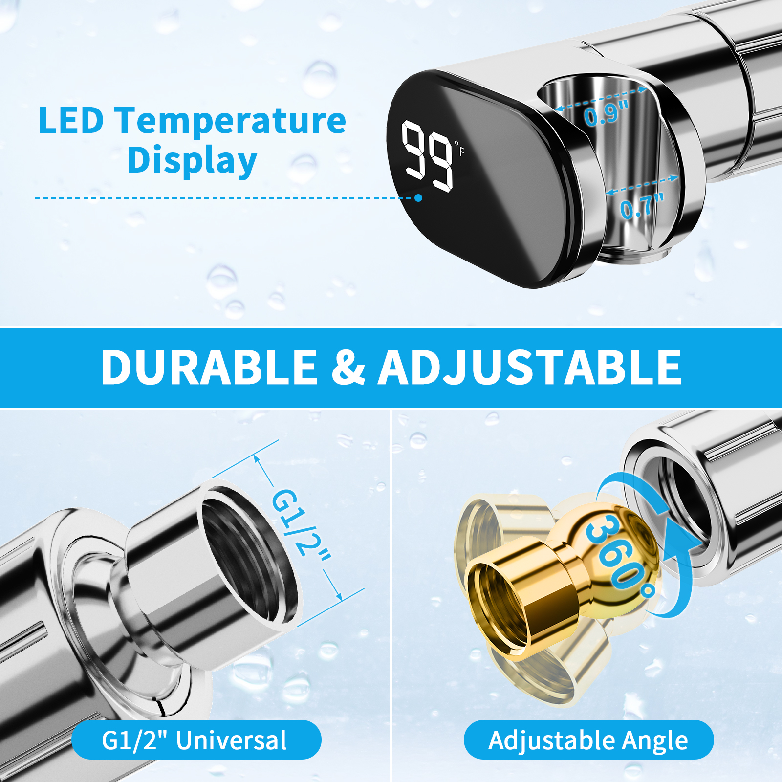 KAIYING High Pressure Handheld Shower Head with Hose, On/Off Switch & LED Thermometer, Chrome