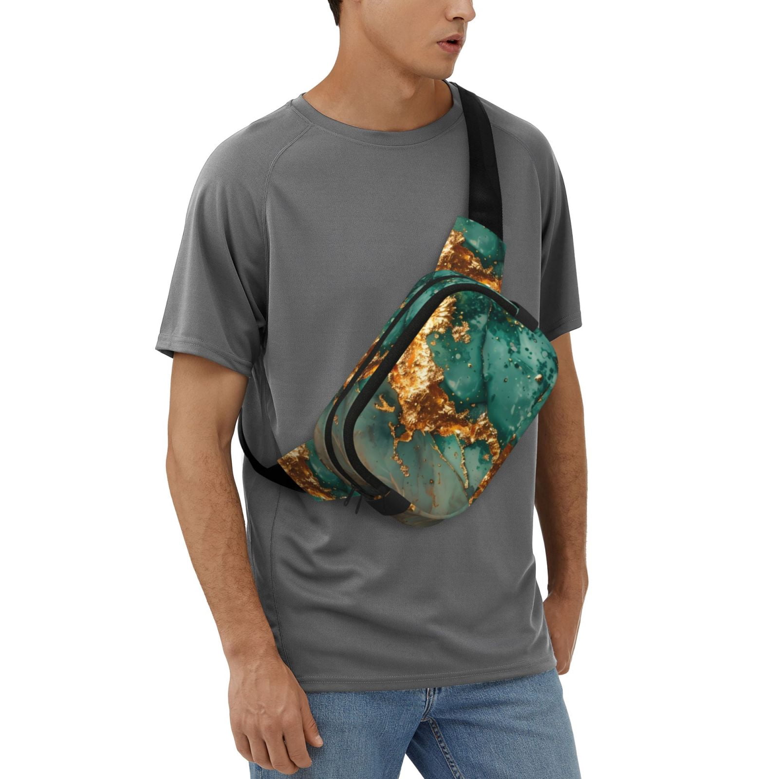 Kuqiui Emerald Color Gold Marble Print Fanny Packs for Women Cross Body Waist Bag Fashionable Fanny Pack Designer Workout Hiking Waist Pack Running Travel Gym