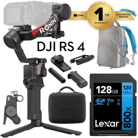 DJI RS 4 Combo, 3-Axis Gimbal Stabilizer for DSLR and Mirrorless Cameras Canon/Sony/Panasonic/Nikon/Fujifilm Bundle with 1-YR Extended Warranty, Deco Gear Backpack and 128GB Memory Card