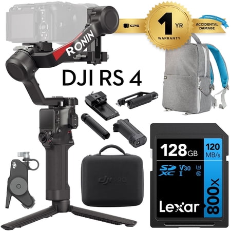 DJI RS 4 Combo, 3-Axis Gimbal Stabilizer for DSLR and Mirrorless Cameras Canon/Sony/Panasonic/Nikon/Fujifilm Bundle with 1-YR Extended Warranty, Deco Gear Backpack and 128GB Memory Card