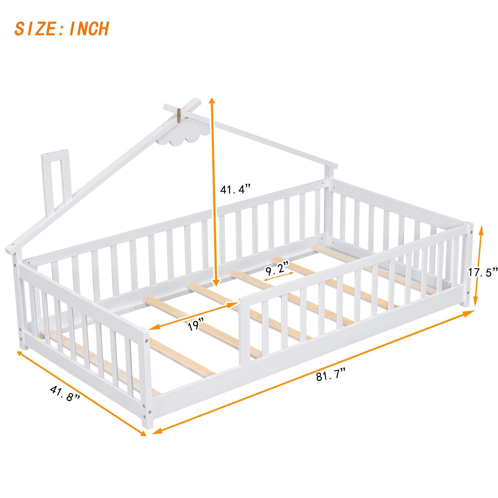 PORKISS Kids Montessori Floor Bed, Twin Floor Bed with Fence for Girls and Boys, without Door, White