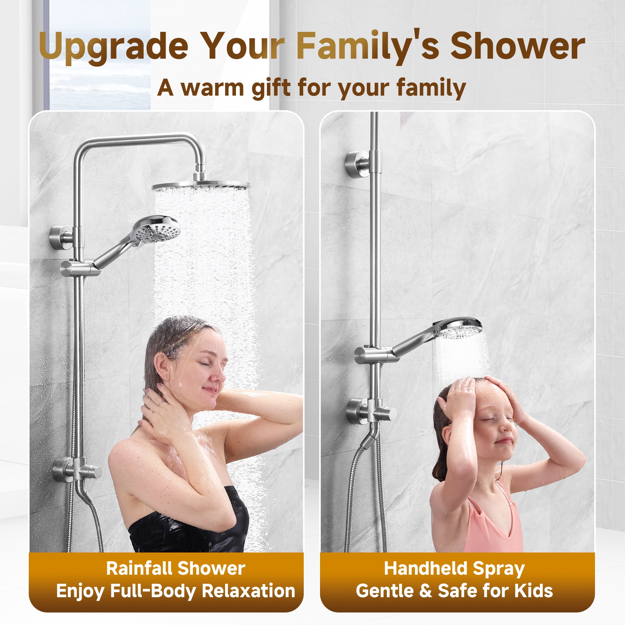 Bright Showers Rain Shower Heads System, Rainfall & Handheld Shower Combo with Height Adjustable Holder, Solid Brass Rail, 60" Long Hose, Chrome