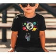 thumbnail image 3 of Olive Loves Apple 5th Birthday Rocket Astronaut Themed T-Shirts with Moon Balloon and Planets for Boys and Girls Black Shirt 5-6, 3 of 6
