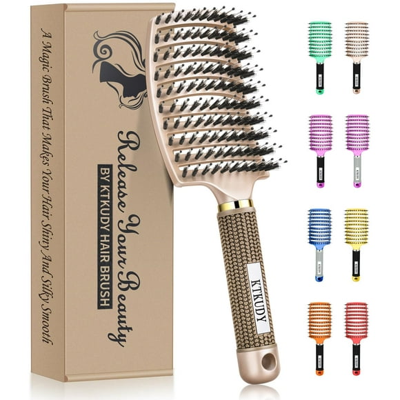 KTKUDY Detangling Brush Getting Knots Out without Pain - Boar Bristles Hair Brush Make Hair Shiny & Healthier Vented Detangler Brush for Women Men Kids Wet and Dry Hair (Gold)