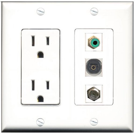 RiteAV - 15 Amp Power Outlet 1 Port RCA Green 1 Port Coax 1 Port Toslink Decorative Wall Plate