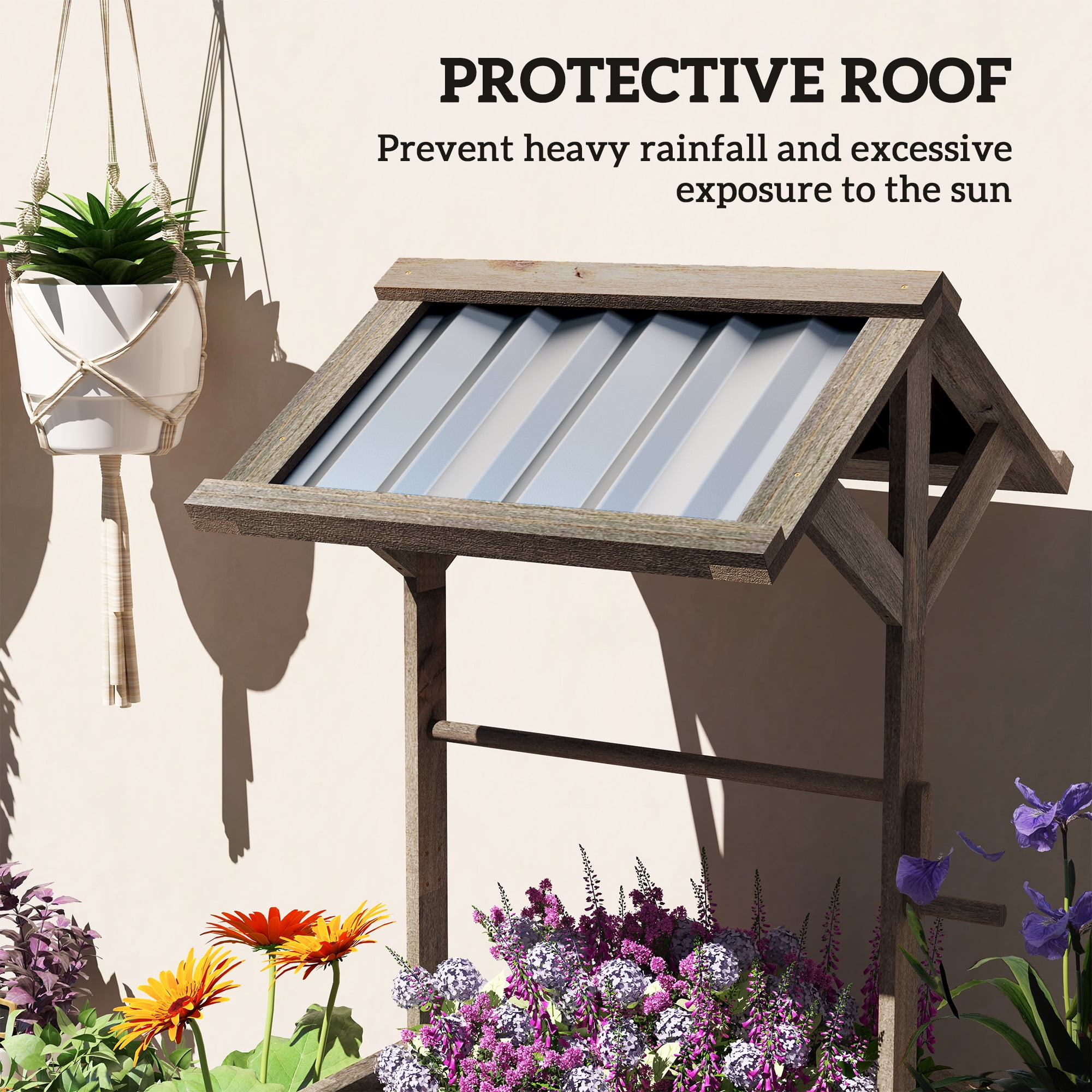Outsunny Wooden Wishing Well Planter, Hexagon Raised Flower Bed with Galvanized Canopy, Outdoor Garden Box for Flowers and Vegetables, Light Gray