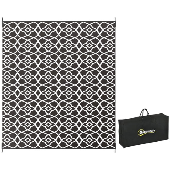 8' x 10' Reversible Outdoor Rug, Waterproof Plastic Straw Floor Mat with Carry Bag - Black & White Clover Pattern for Patio, Deck & Camping