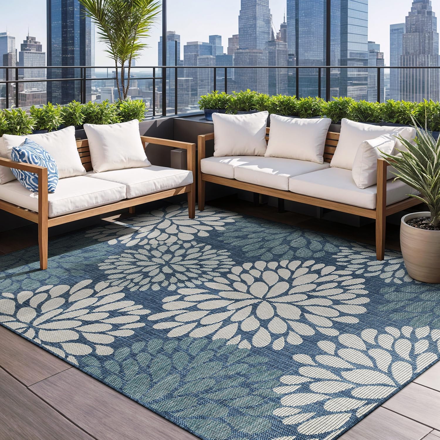 Beverly Rug Indoor/Outdoor Area Rugs,Modern Floral Patio Porch Garden Carpet, Blue/Turquoise, 5'x7'