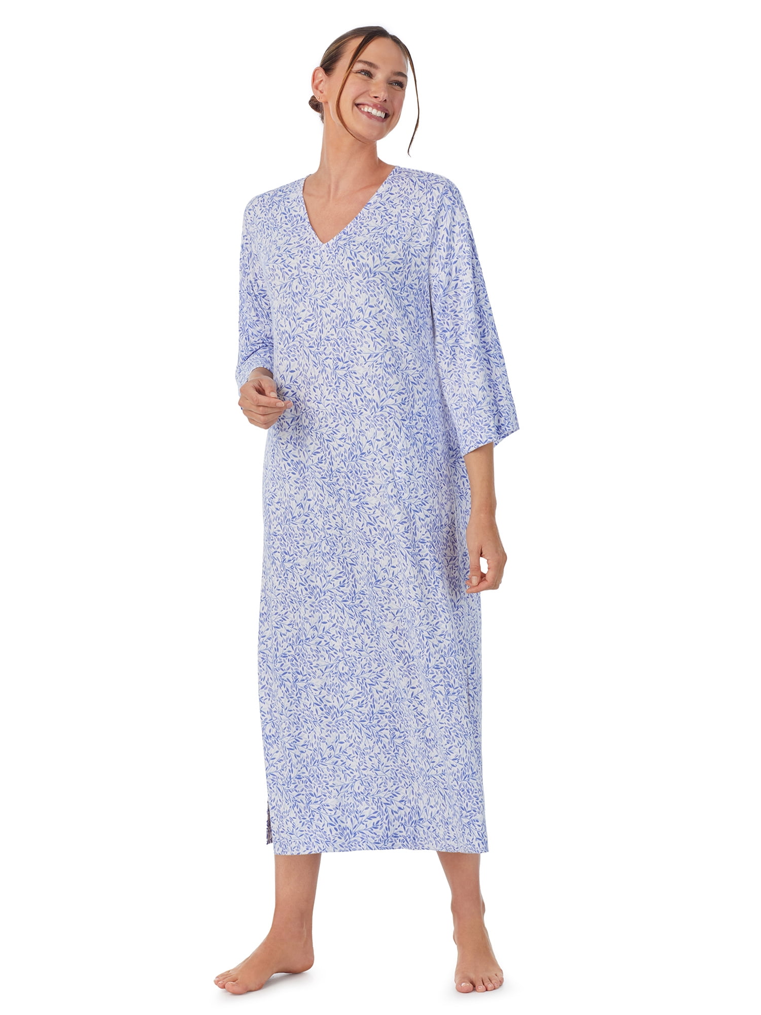 Aria Women's Brushed Knit 3/4 Sleeve V-Neck Lounger Nightgown with Pockets,  Sizes S to 5X 