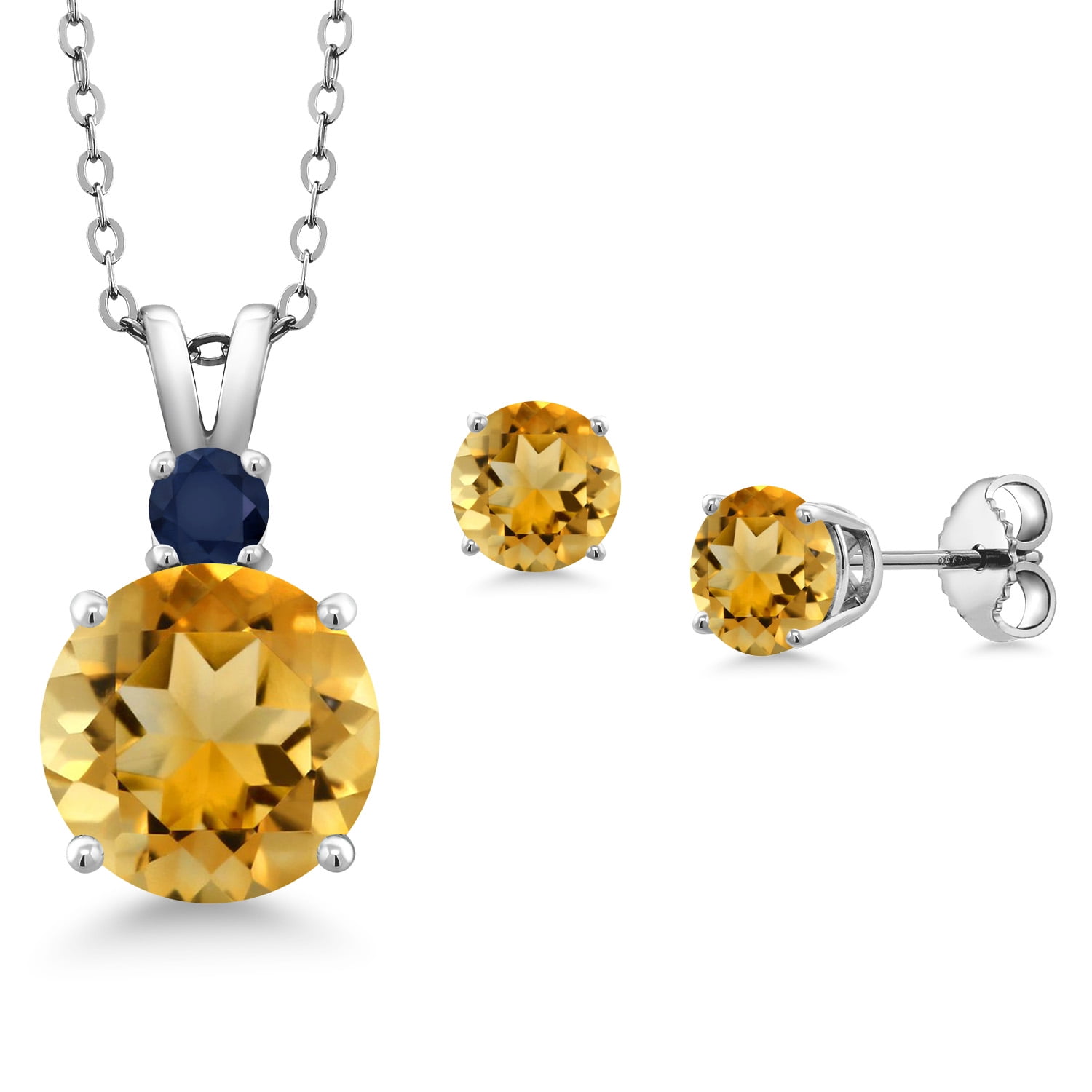 Gem Stone King 925 Sterling Silver Round Yellow Citrine and Blue Sapphire Pendant and Earrings Jewelry Set for Women (5.19 Cttw, Gemstone Birthstone, with 18 inch Chain)