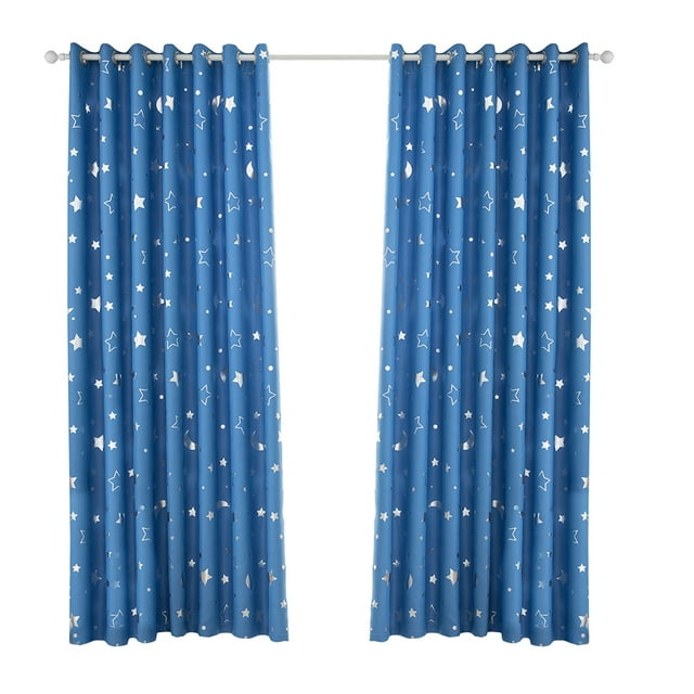 EeaseMX Cortina opaca con diseño de estrellas plateadas y lunas, sencilla y moderna, con aislamiento térmico, 100 x 250 cm (azul cielo).