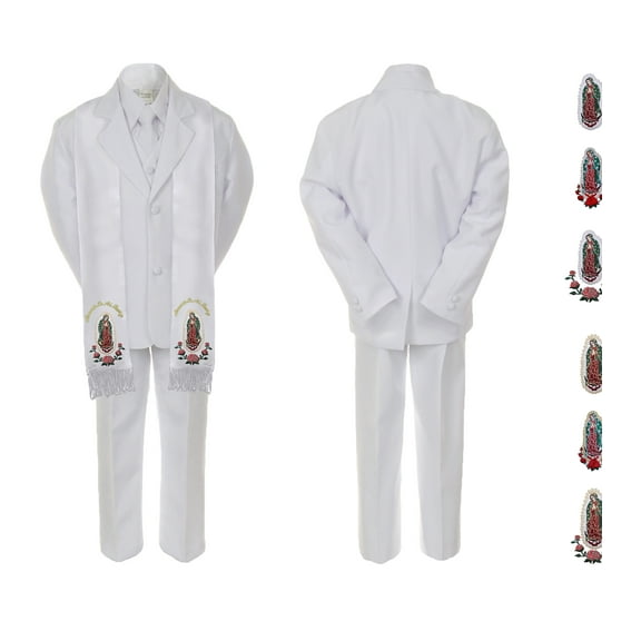 Baby Boy Christening Formal White Single Breasted Suit Silver Gold Guadalupe on Stole Sm-20