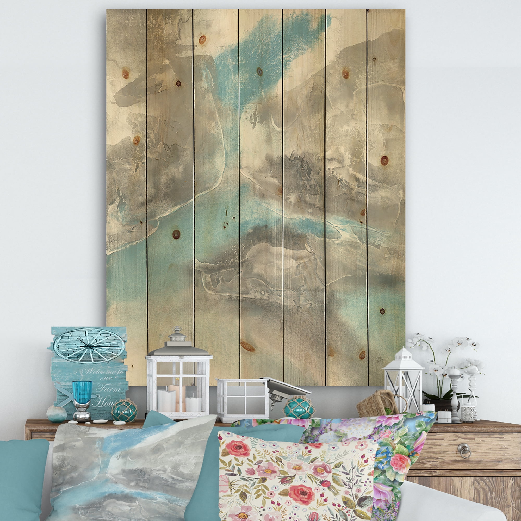 Designart 'Minimal Watercolor Blue Tones II' Mid-Century Modern Print on Natural Pine Wood