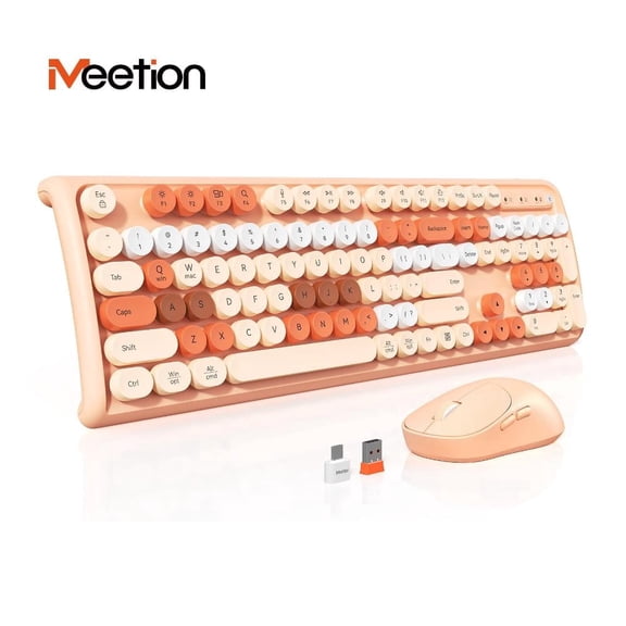 MEETION Creamy Wireless Keyboard and Mouse Combo, Cute Round Keycaps, 2.4G Plug & Play, Full-Size Quiet Set for Girls