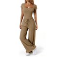 thumbnail image 4 of Women's Ribbed Two Piece Set, Square Neck Crop Top and High Waist Wide Leg Pants Set, Casual Summer Outfit with Side Pockets, Fashion Two Piece Outfit for Going Out Outfits Khaki, 4 of 8