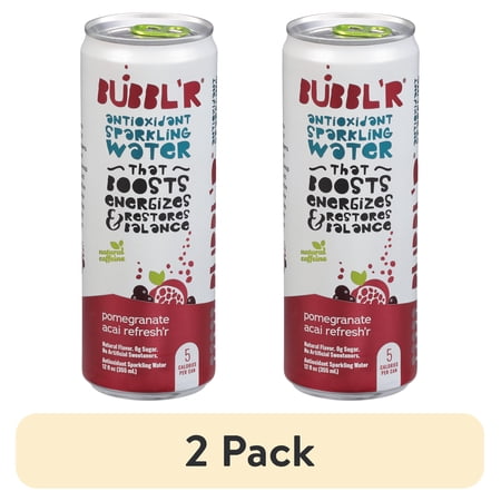 (2 pack) BUBBL'R Antioxidant Sparkling Water, pomegranate acai refresh'r, 12 fl oz Can