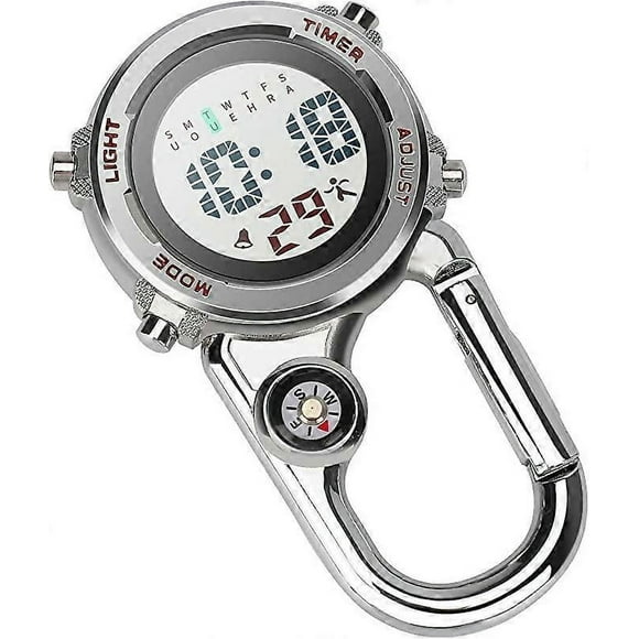 Carabiner Watch Digital Clip on Quartz Watch Multifunctional Carabiner FOB Watch Luminous Face Compass Carabiner Watch with Compassred