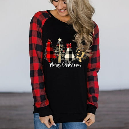 

OKBOP Long Sleeve Scrub Tops Women Loose Fashion Plaid Christmas Tree Stitching O-Collar Long-Sleeved Autumn Long Sleeve Blouses for Women Christmas Shirts for Women