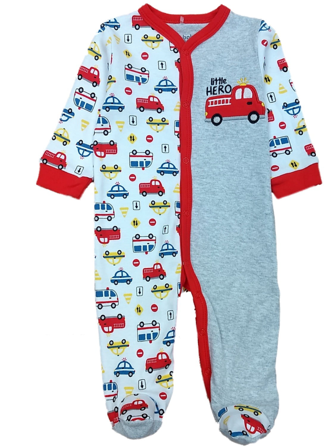 Baby Boys Pajamas FLEECE FOOTED SLEEPER Gray Red FIRETRUCKS Fire Truck 18 MO 