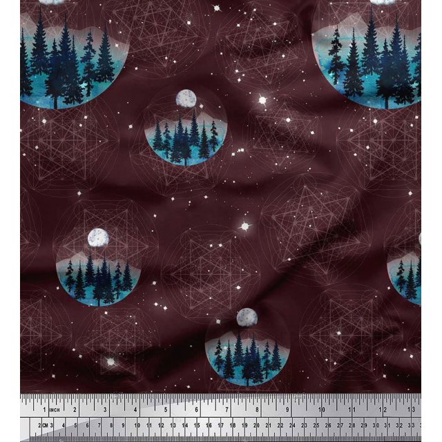Soimoi Rayon Crepe Fabric Tree,Moon & Sacred Geometry Galaxy Decor Fabric Printed Yard 46 Inch Wide