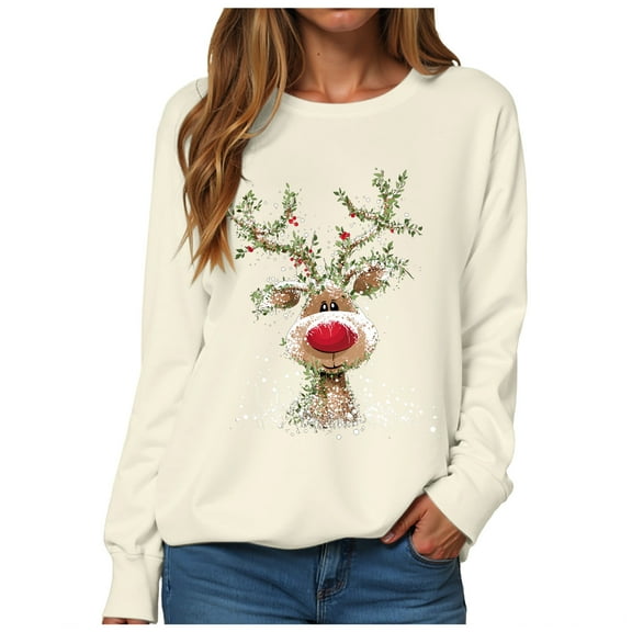 TTUHYWXI Christmas Sweatshirt Women Xmas Deer Graphic Fall Wimter Clothes Crewneck Pullover Long Raglan Sleeve Top (Beige, XXL)