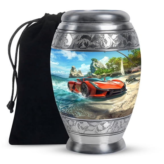 KARYLIZ Red Racer Car On Beach Cremation Urn For Human Ashes - Adult Urn For Human Ashes Women - Urn For Human Ashes Adult Man - Burial Urn For Adult Human Ashes - Funeral Urn 10 Inch