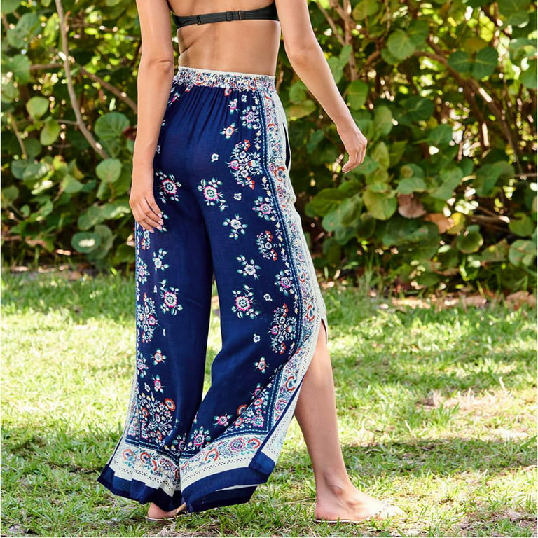 Reduce Price Hfyihgf Women's Boho Pants Wide Leg Floral Print Harem Yoga  Trousers Flowy Bohemian Side Split Palazzo Hippie Beach Pant(Navy,L)