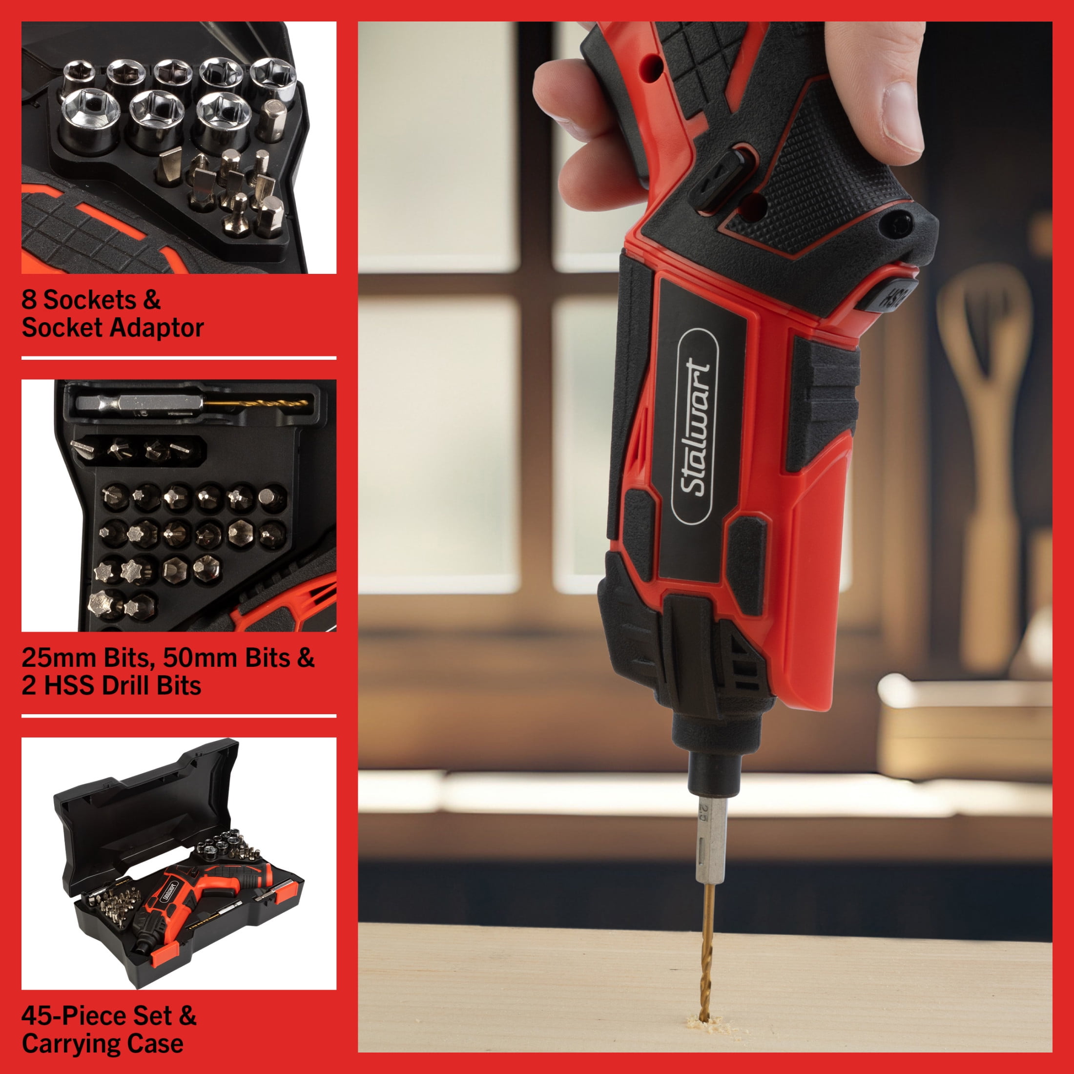 Stalwart Cordless Electric Screwdriver 45pc Set with 2 Position Grip, Red
