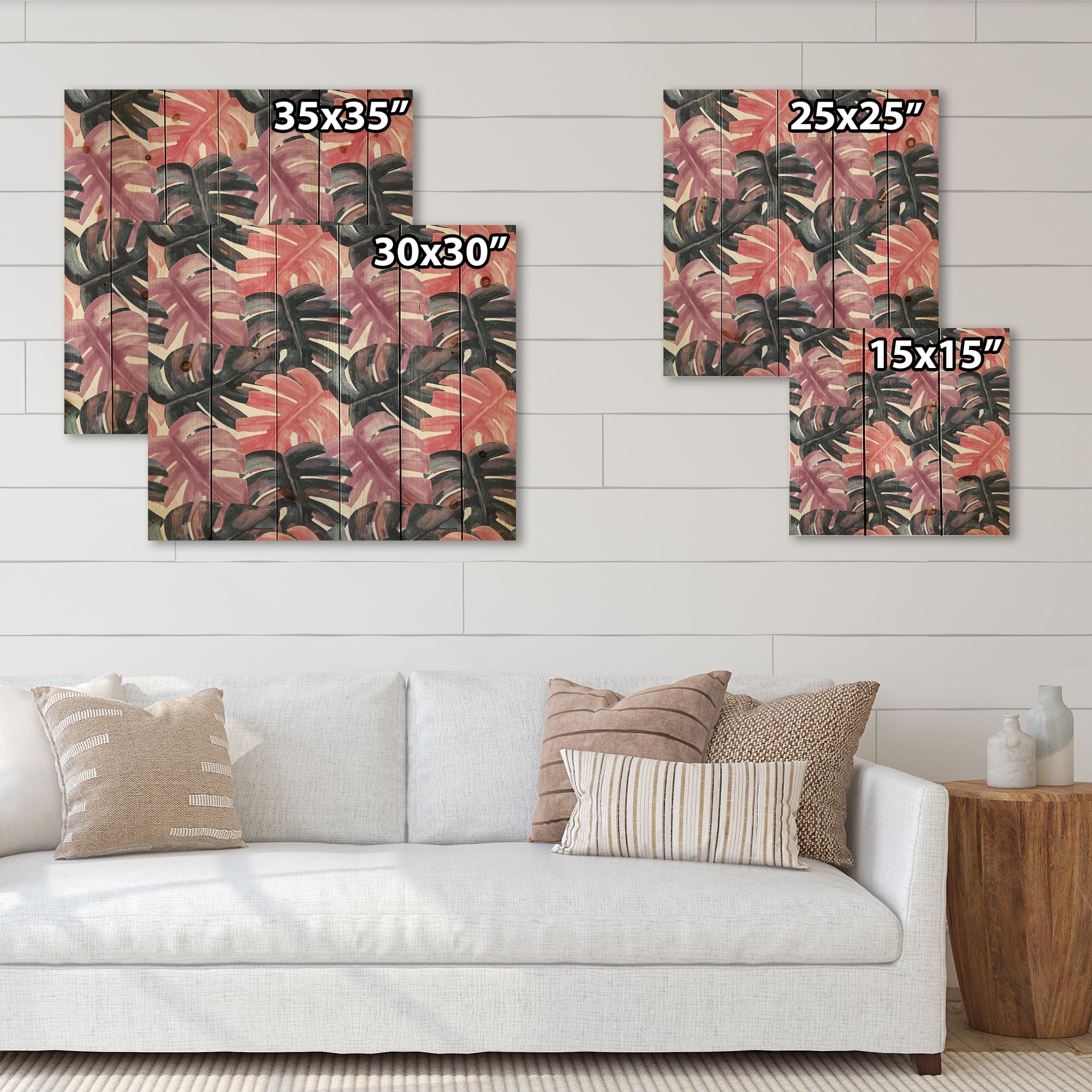 Designart 'Black and Red Monstera On Rough Brush Strokes II' Tropical Print on Natural Pine Wood