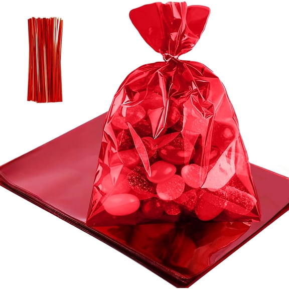 Premium 8×11 in Clear Red Candy Bags – 50pcs Cellophane Treat Bags with 60 Twist Ties for Candy, Cookies, Snacks – Durable Food-Safe Clear Gift Bags for Valentines Party Favors, Birthday, Wedding