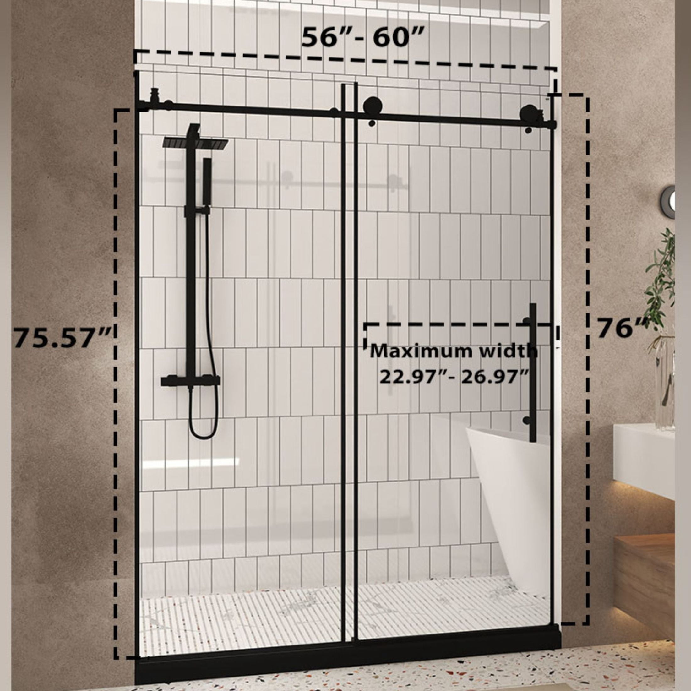 Noble House 60"x76" Frameless Sliding Shower Door, Tempered Glass with Stainless Steel Handle, Matte Black