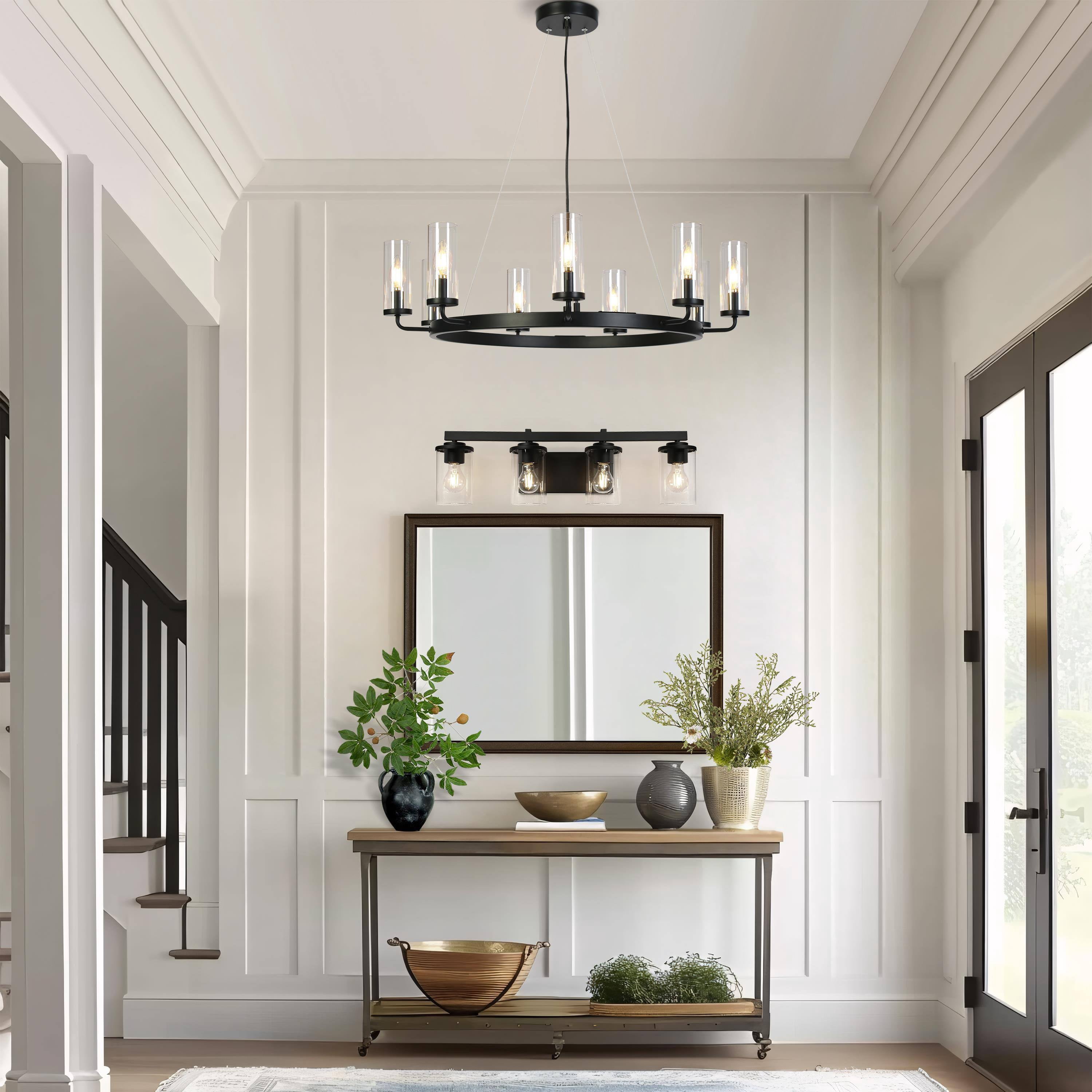 LNC 9-Light 1-Tier Transitional Metal Matte Black Hardwired Wagon Wheel Chandelier