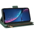 thumbnail image 4 of Wallet Case for iPhone XR, Premium Vintage PU Leather Magnetic Closure Handbag Zipper Pocket Cover Kickstand Card Holder Slots with Wrist Strap TPU Shockproof Flip Case - Dark Green, 4 of 14