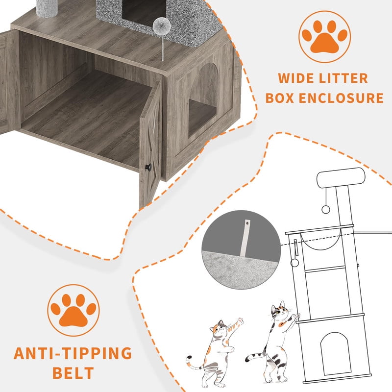 TROPOW 3-in-1 Modern Cat Tree Tower with Hidden Litter Box Enclosure – Integrated Cat Condo, Scratching Posts, Hammock, Perch Platforms – Cat Washroom Furniture