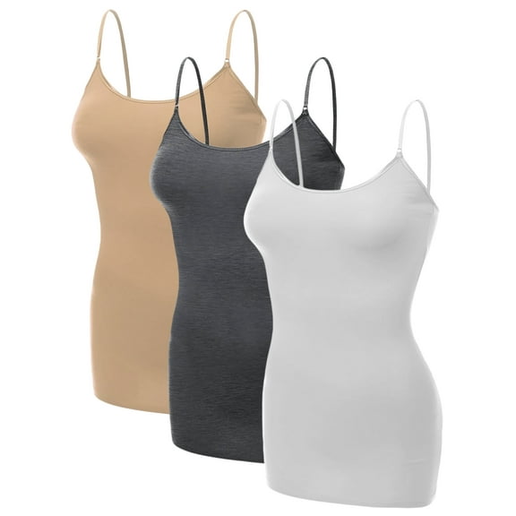 Emmalise Women's Basic Casual Long Camisole Adjustable Strap Cami Layering Top, Large, 3PkKhaki, Hth Charcoal, White