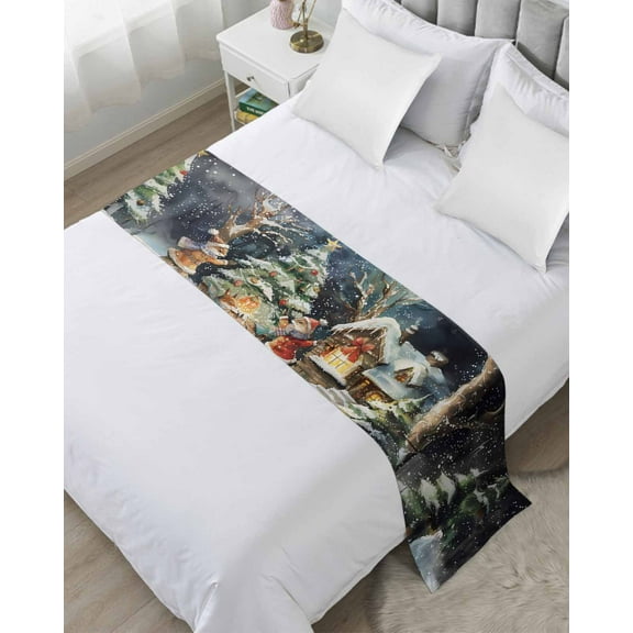 Christmas Bed Runner for Full/ Queen Size Bed, Xmas Tree Animals Snowflake Blue Bedspread Protector Slipcover Bed Scarf for Foot Bed Runners & Scarves for Bedroom Hotel Wedding Room 83x20 Inches