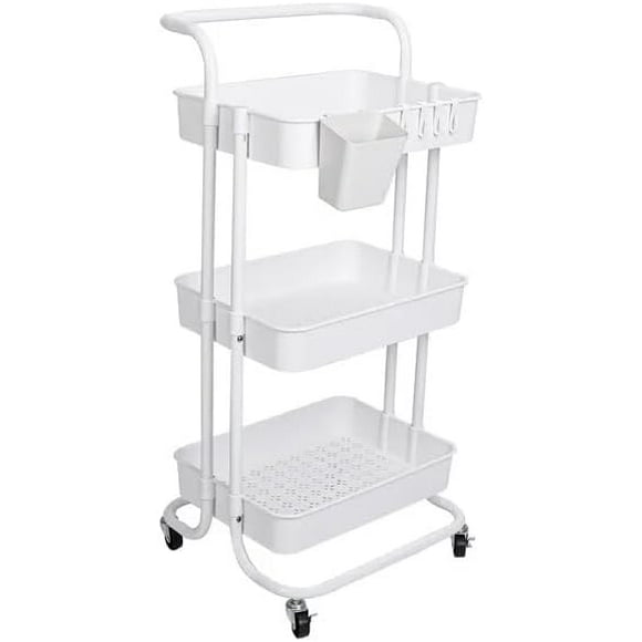 3 Tier Rolling Storage Cart, Storage Organizer Shelf Rack, Mobile Shelving with 3 Storage Baskets for Kitchen, Bathroom, Laundry Room
