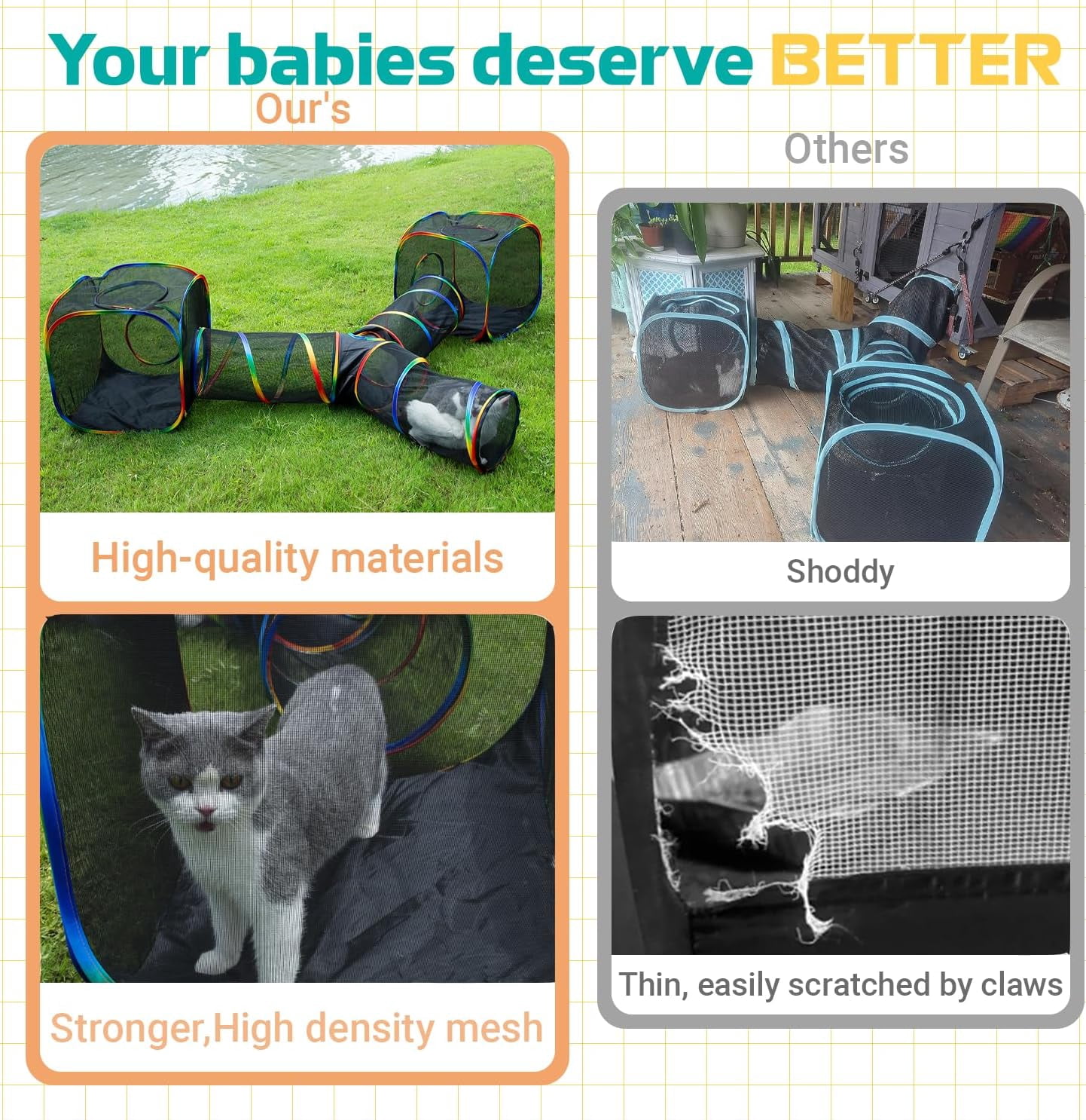 Outdoor Rainbow Cat Enclosures Playground,Outside House for Indoor Cats Include Portable Tent, 3 Way with 2 Cube Tunnel, for Kitty and Small Animals,Within Storage Bag