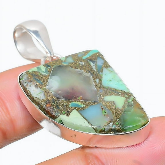 Chrysoprase Gemstone Handmade 925 Sterling Silver Jewelry Pendant 1.73"