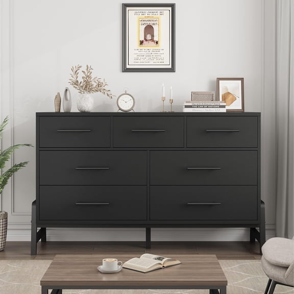 Acekid 52 Inch Wide 7-Drawer Dresser,Freestanding Wooden Storage Chest,Large Bedroom Dresser with Drawers for Closet Organization,Black