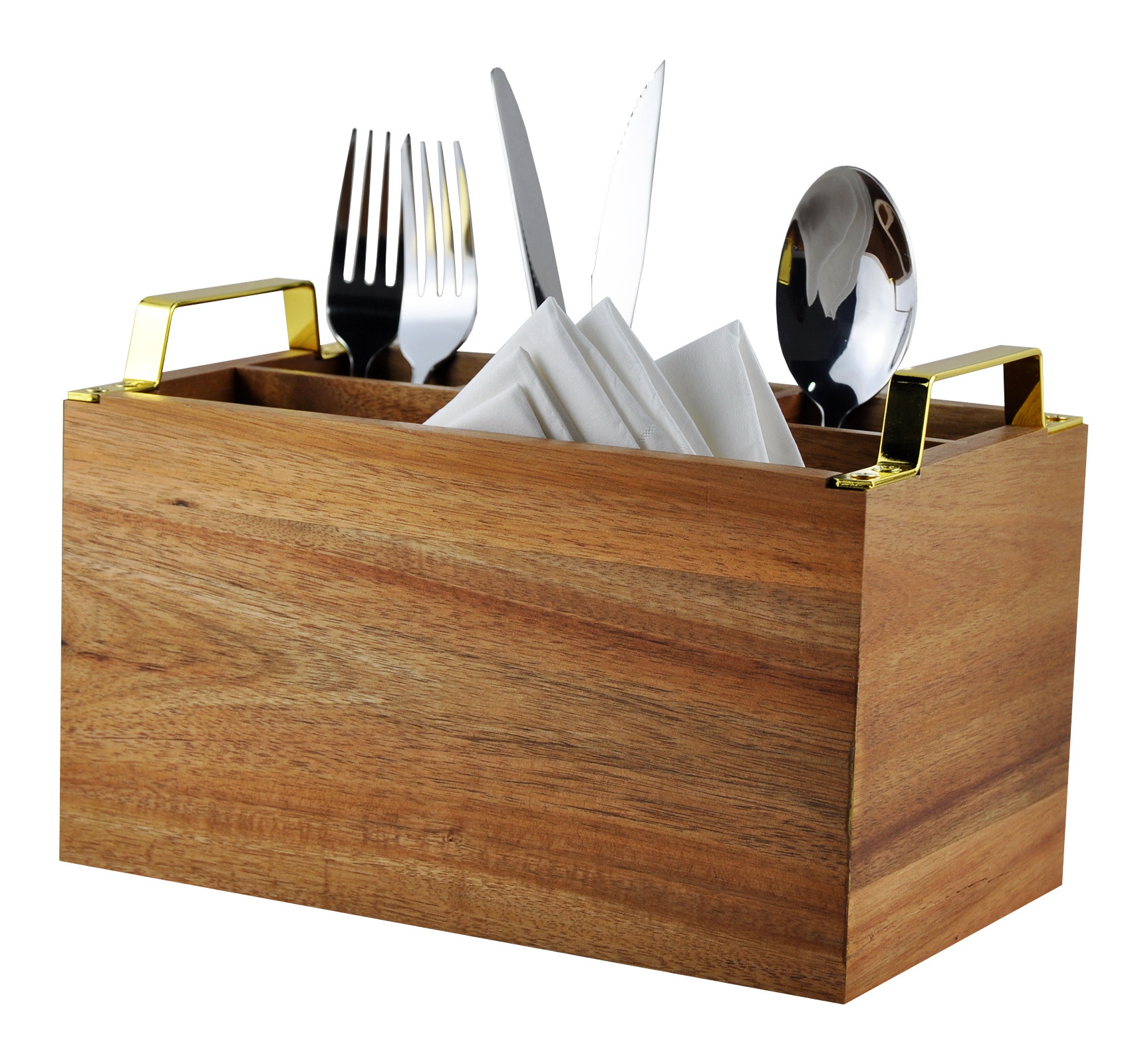 DUCIHBA Cutlery Flatware Caddy - 3 Part Utensil Holder - Metal Handle for Kitchen Counter - Wood, Brown - 10" W x 6" D x 6.5" H
