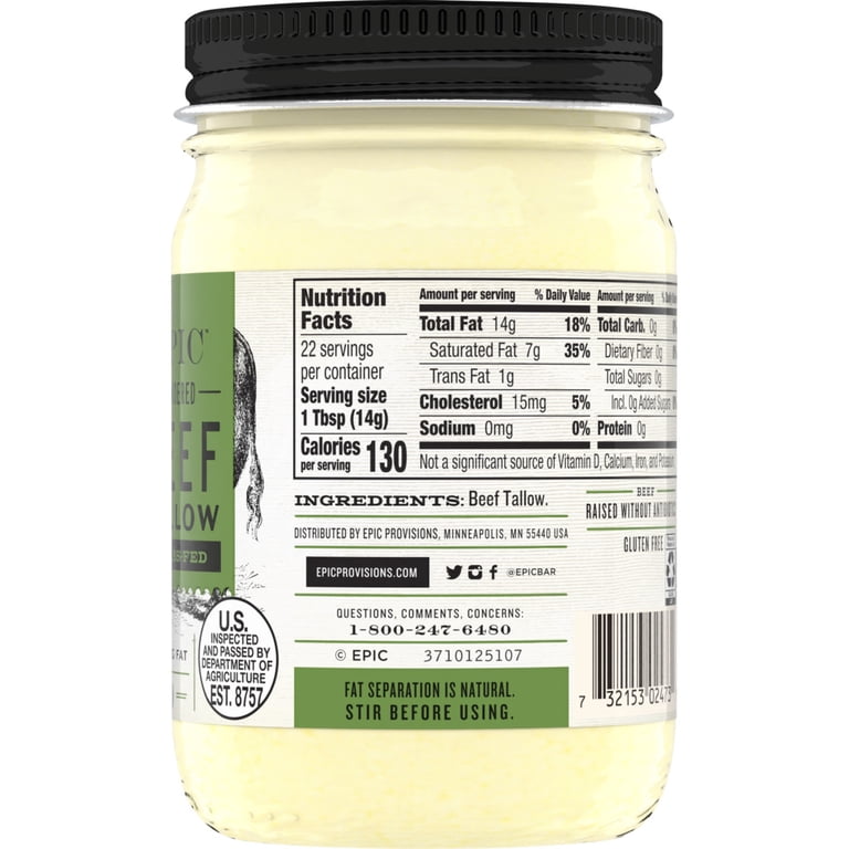 EPIC Provisions Beef Tallow, Grass-Fed, Keto Friendly, Whole30