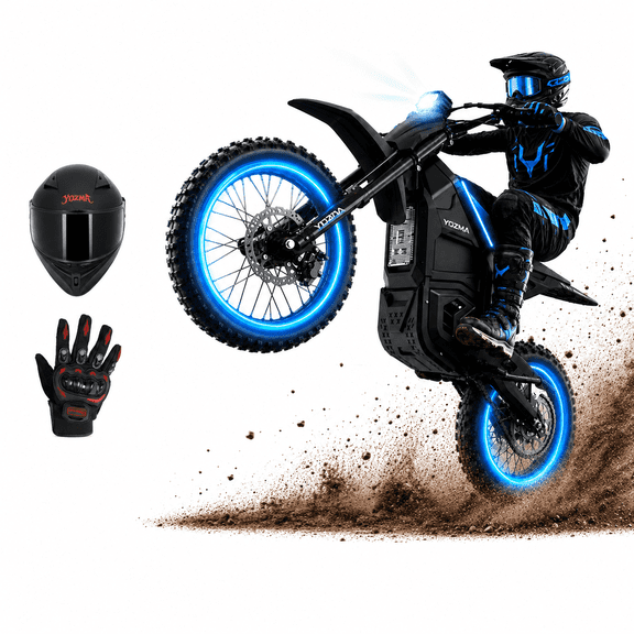 Yozma IN10 2600W Electric Dirt Bike, 40 MPH, 48V 23.4Ah, 53-Mile Range, XL Helmet L Gloves Bundle, Black