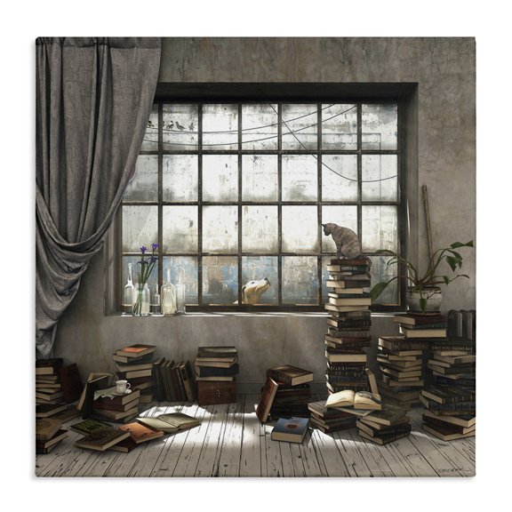 Stupell Industries Rustic Lodge Cozy Bookstack Cat in Study Canvas Art, 17 x 17, by Cynthia Decker
