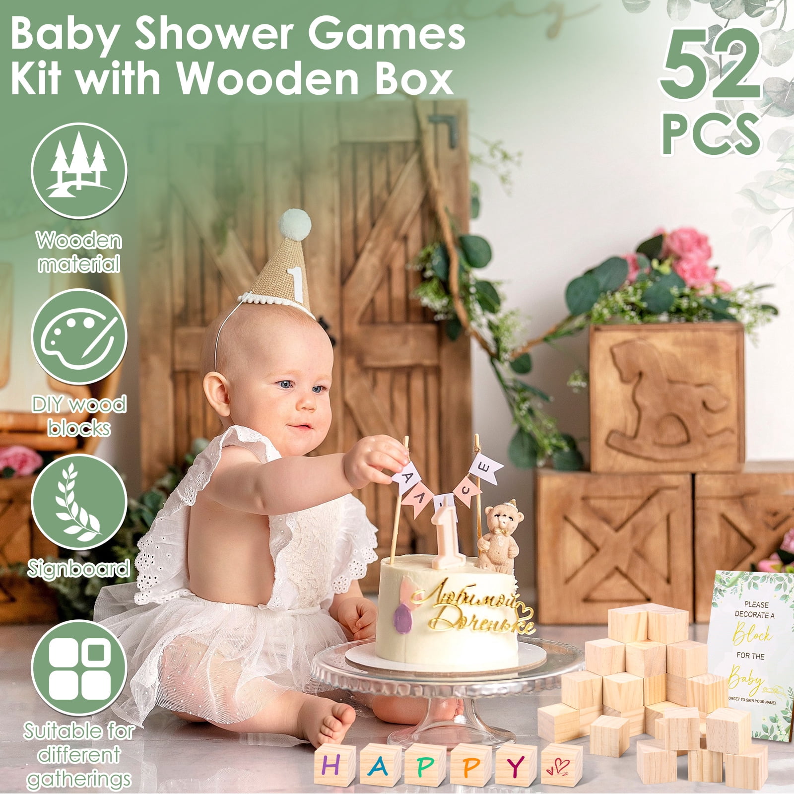 Toorise Baby Shower Games Sign Kit Unique Baby Shower Blocks to Decorate Game Kit with 52 Blocks 24 Markers 1 Sign and Wood Box for Boy and Girl Party