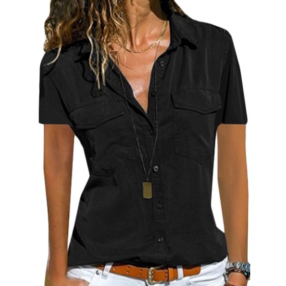 Women's V-Neck Short Sleeve Button Summer Plain T-shirt