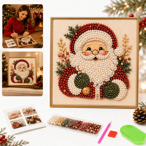 DIY Christmas Pearl Painting Art Kit with Frame, Santa Claus 7.87 in Pearl Bead Craft for Adults and Beginners, Holiday Home Decor